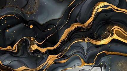 A stunning luxurious black and gold wave marble effect, showcasing fluid art design. This abstract video background features rich textures and shimmering tones, perfect for upscale projects.