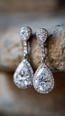 Elegant diamond drop earrings with teardrop design sparkle against blurred background