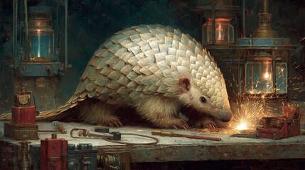 Obraz premium Creative Illustration of a Hedgehog in a Vintage Workshop Setting