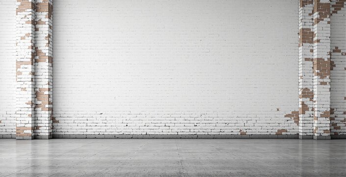 Fototapeta Distressed white painted brick wall with exposed patches and concrete floor in industrial style interior on a neutral background. Ai generative