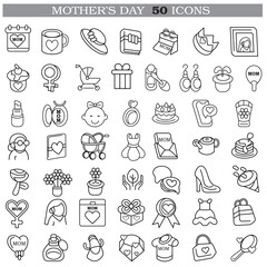 Art & Illustration A collection of minimalistic line icons themed around Mother's Day, Mother's Day Line Icons Set 