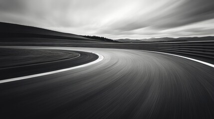 Monochromatic dynamism: asphalt curve under a vast sky invites speed and freedom