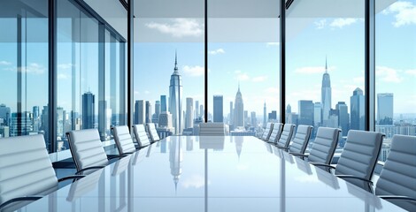 Bright corporate boardroom interior with modern design, minimalistic style and city skyline background. Concept of luxury workspace. Ai generative