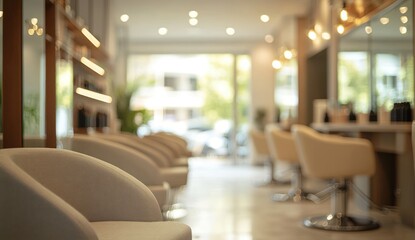 Serene Salon Interior: Modern Hair Salon Design with Neutral Tones and Natural Light