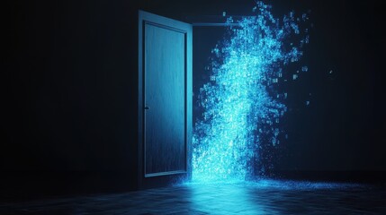 Digital Doorway to Innovation: A conceptual image depicting a dark door opening to reveal a burst of blue digital data, symbolizing new technological advancements and opportunities.