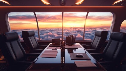Fototapeta premium Luxury Airplane Office with Sunset Cloudscape View