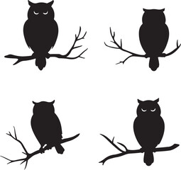 Owl Silhouette Vector Set: Four Owls Perched on Branches, Dark Bird Silhouettes, Wildlife Illustration, Nature Graphic, Vector Art