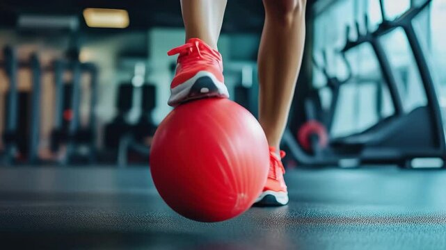 Attractive woman trains actively by balancing on a red exercise ball in a fitness gym during daytime, An attractive woman is training moving her legs while holding a ball in sport gym