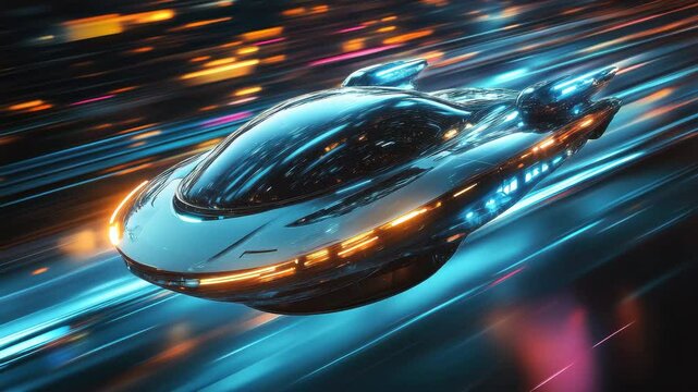 Futuristic hovercar glides effortlessly through a neon-lit urban environment at high speed, An unmanned hovercar of the future levitates at high speed in abstract space