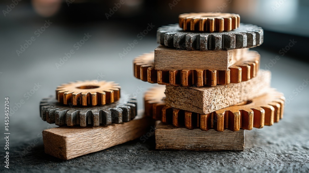 Poster intricate stack of wooden gears symbolizing focus-first business structure and clean core execution 
