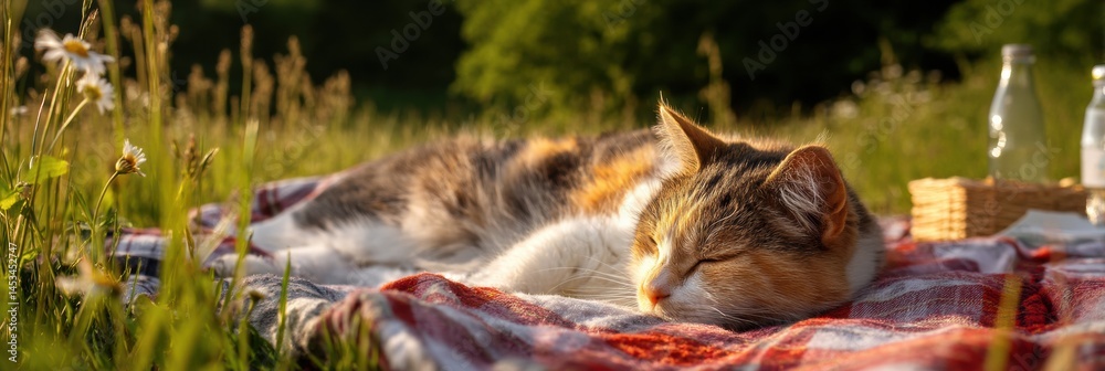 Aufkleber Lazy Cat Relaxes on a Picnic Blanket in a Sunny Meadow During a Warm Afternoon Generative AI