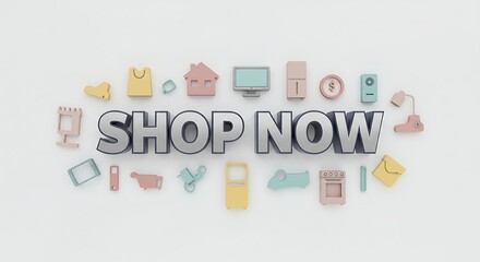 Obraz premium Shop Now with Pastel Home Objects on White Background