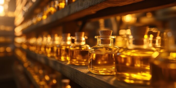 Golden Elixir: A Collection of Amber Bottles in Rustic Setting