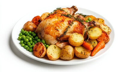a white circular plate of a traditional roast chicken with roast potatoes, roast carrots, peas realistic food photography, isolated on a white background 