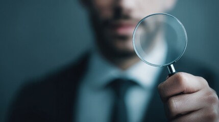 Man holding a magnifying glass signifying deep attention and focus on identifying profitable investment opportunities in finance