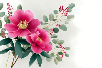 Pink peonies and eucalyptus leaves creating a delicate floral arrangement