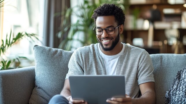 A young man is sitting on a couch in her living room, working on him laptop. he is smiling and appears to be focused on her work