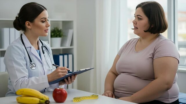 Doctor consulting overweight female patient in clinic, perfect for healthcare, nutrition, obesity treatment, weight loss program, and wellness campaign illustrations.