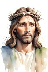 Watercolor Illustration of Jesus with Crown of Thorns, Serene and Solemn Expression, Earthy Tones