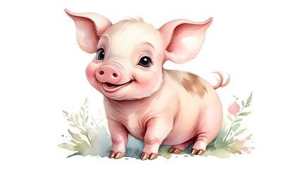Watercolor Illustration of a Cute Pig, Soft Pastel Colors, Playful and Whimsical Design