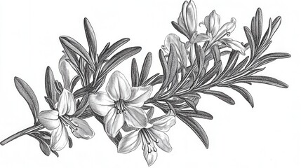 Elegant Rosemary Branch with Blossoms Detailed Botanical Illustration Art Print