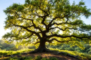 Obraz premium Majestic oak tree standing in a field at sunrise, illuminating the branches and leaves
