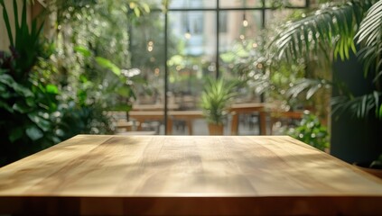 Fototapeta premium Sunlight Illuminates a Wooden Table in a Lush Green Indoor Garden Setting