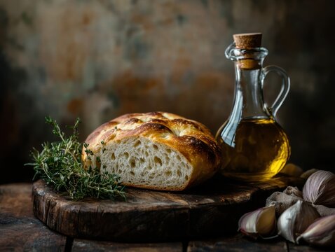 Rustic Focaccia Bread with Olive Oil and Garlic on a Wooden Board Still Life Food Photo