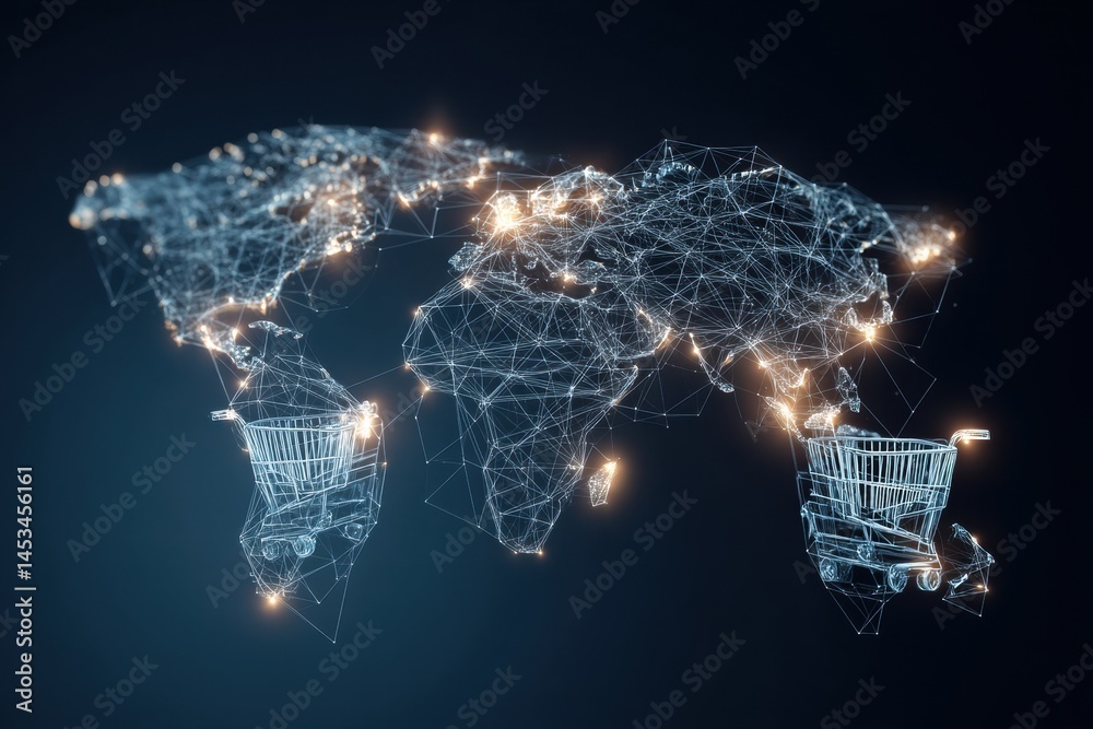 Poster Global Online Shopping Network Illustrated With a Glowing World Map and Digital Shopping Carts Generative AI