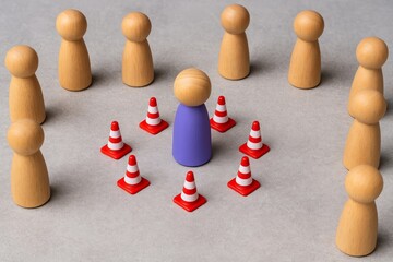 Social Distancing Concept Wooden Figures Cones Isolation Prevention Health Safety Precautions Coronavirus Pandemic Quarantine Public Health Emergency Global Crisis Risk Management Protective Measures 