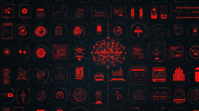 Futuristic digital interface displaying interconnected data analysis icons in red