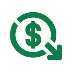 A dark green icon depicting a dollar sign inside a circle with a downward arrow, symbolizing a decline in monetary value or financial loss.