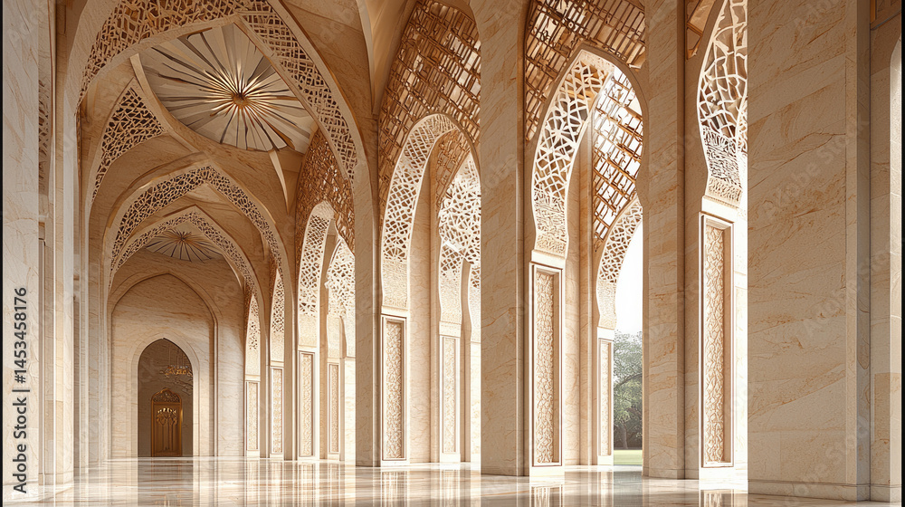 Poster elegant minimalist clean architecture with intricate geometric patterns, arched columns, and natural