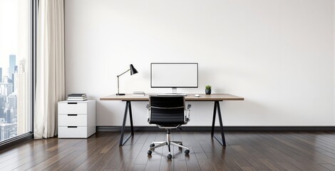 Minimalist home office interior with computer desk, chair, lamp, books, and drawer cabinet on wooden floor in front of large window. Ai generative