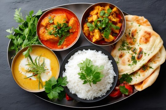 Metal tray presenting indian food with butter chicken, rice, naan bread and dhal