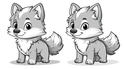Obraz premium Two cute cartoon wolf pups, side-by-side, in grayscale. Each pup has large eyes, a happy expression, and fluffy fur