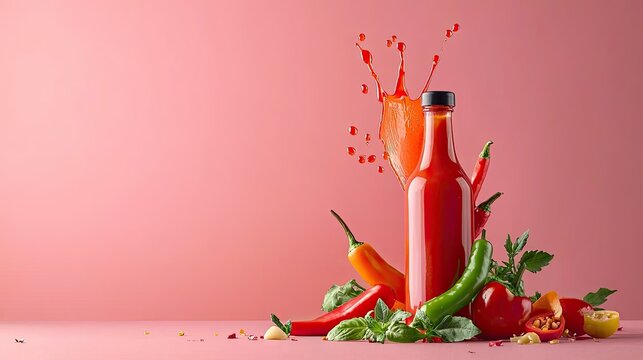 Spicy Tomato Sauce Splash with Fresh Ingredients on Pink Background