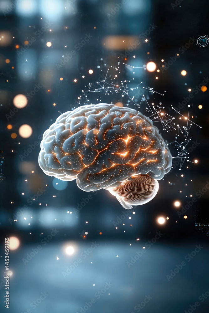 Aufkleber human brain suspended in midair, illuminated with glowing neural connections and surrounded by abstr