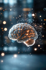 Fototapeta premium Human brain suspended in midair, illuminated with glowing neural connections and surrounded by abstract digital particles, symbolizes intelligence, technology, and futuristic innovation