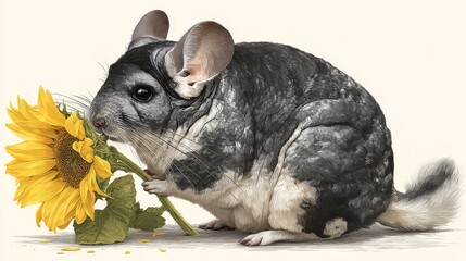 Chinchilla with Sunflower in Nature Background, Cute Animal Portrait