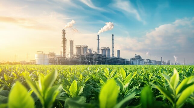 Industry contrast green field and refinery, depicting industrialization effect