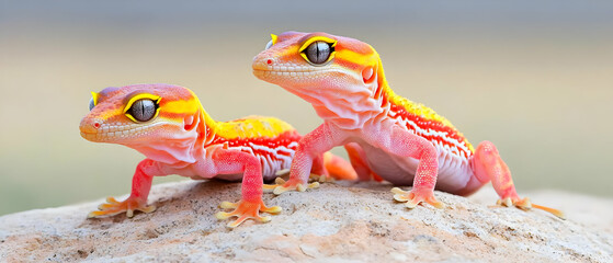Naklejka premium Two Colorful Baby Geckos On Light Beige Ground