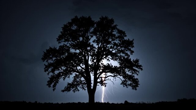 Bold tree silhouette illuminated by lightning in dark stormy sky  
