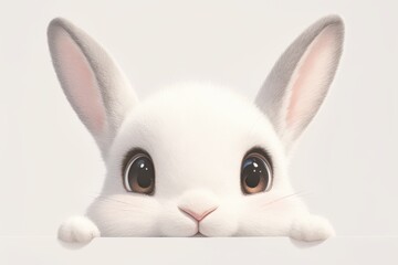 Fototapeta premium Cute white bunny rabbit peeking over a wall with big brown eyes and long ears