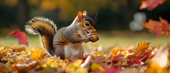 Obraz premium Squirrel Eating Nut In Autumn Leaves