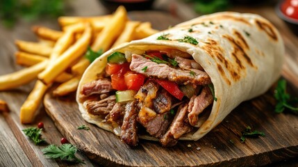 Delicious Beef Burrito with French Fries