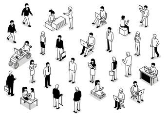 Isometric People: Monochrome Line Art Illustration AI Generated