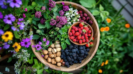 Fresh Berries and Nuts Arrangement in Wooden Bowl Surrounded by Flowers
