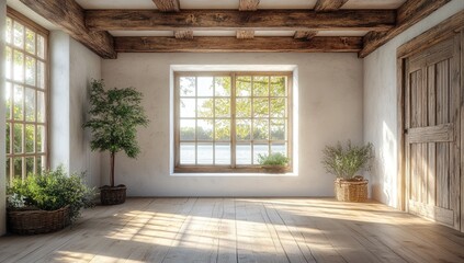 Rustic interior room with large window overlooking a landscape.