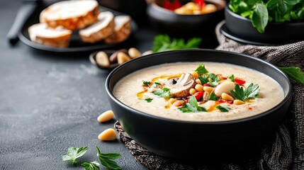 Creamy Soup with Vegetables and Nuts in a Bowl on Rustic Table